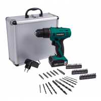 Cordless drill 12V with 46 accessories & battery in storage case 