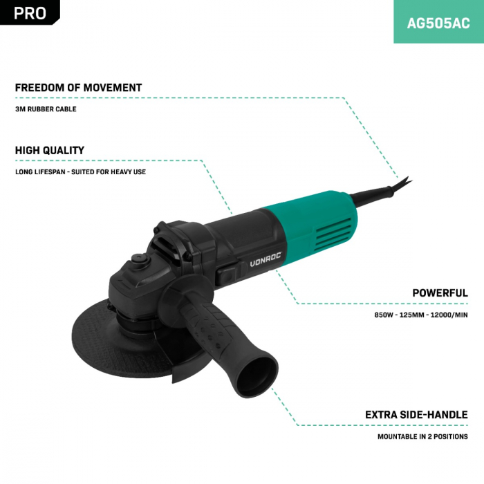 Pro Angle grinder 850W – Ø125mm | Incl. side handle 