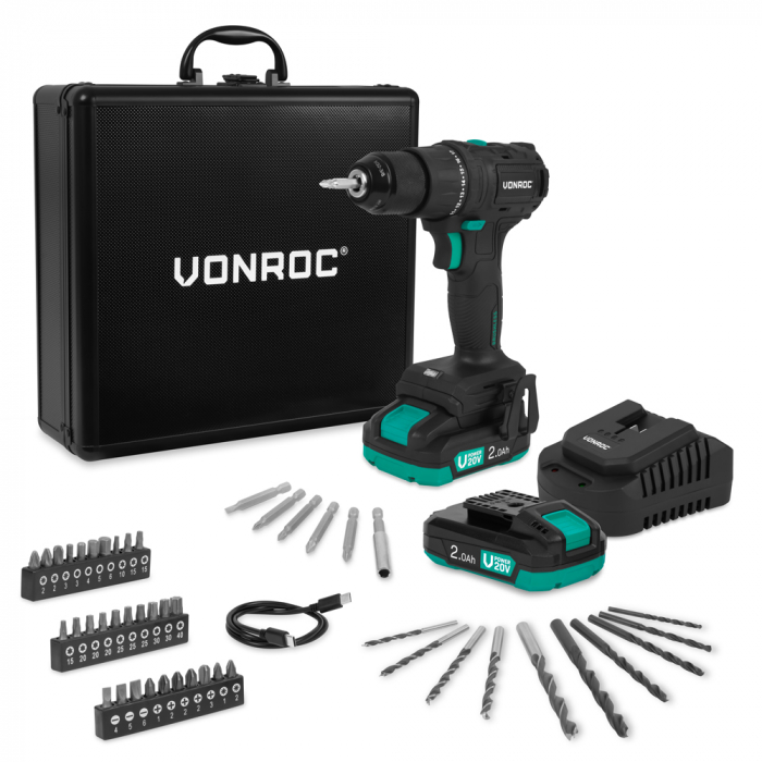Perceuse sans fil PRO 20 V – Moteur sans balais – 40 Nm | Comprend 2 batteries 2,0 Ah, un chargeur et 46 accessoires dans un coffret haut de gamme main product photo